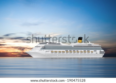 An image of a beautiful cruise ship in the sunset sky