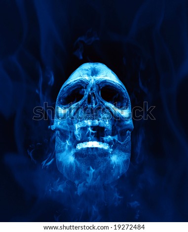 An illustration of a scull in blue flames