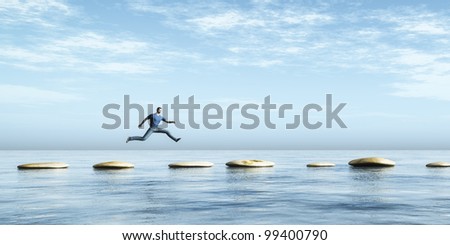 An image of a man jumping from stone to stone