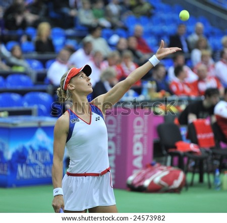 MOSCOW - FEBRUARY 07: Elena Dementieva-Russia in the Fed Cup 2009(Russia-China) tennis match against Zhang  Shuai-China in RUSSIA on February 07, 2009 in Moscow.