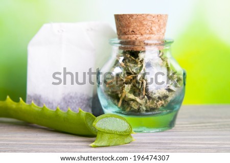 Herbal medicine: Aloe Vera plant and tea bags