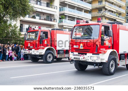 THESSALONIKI, GREECE - OCTOBER 28, 2014: Fire trucks on Ohi Day parade on October 28, 2014 in Thessaloniki, Greece.