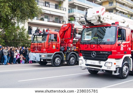 THESSALONIKI, GREECE - OCTOBER 28, 2014: Fire trucks on Ohi Day parade on October 28, 2014 in Thessaloniki, Greece.