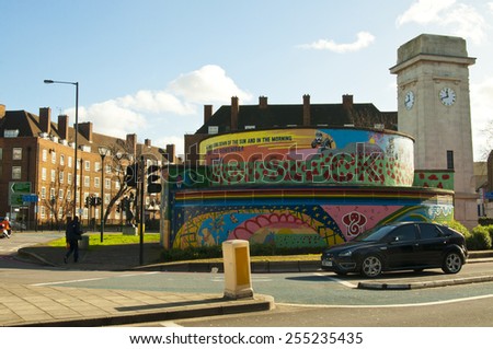 LONDON, UNITED KINGDOM - FEBRUARY 16, 2014: Wall mural in front of Stockwell First World War Memorial in London on February 16, 2014, UK. The Stockwell Memorial was erected in 1919