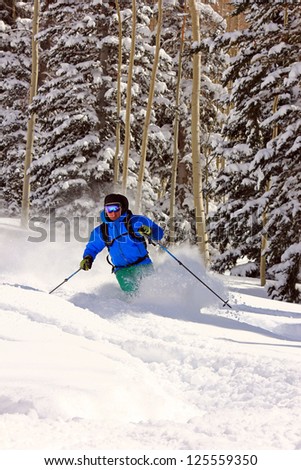 Man skiing powder snow through frosty pines in the Utah mountains, USA.