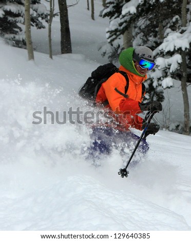 Rugged man skiing powder snow through a forest, Utah, USA.
