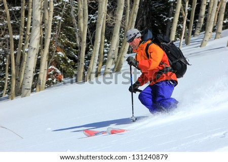 Rugged man skiing powder snow with aspen trees in the background, Utah, USA.