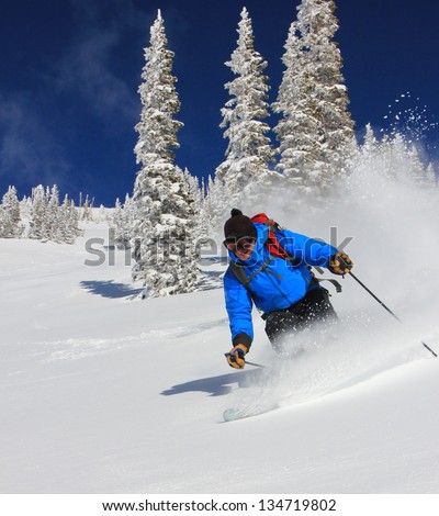 Man skiing powder with frosted trees in the background.