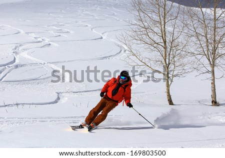 A man skiing fresh pristine powder, Utah, USA.