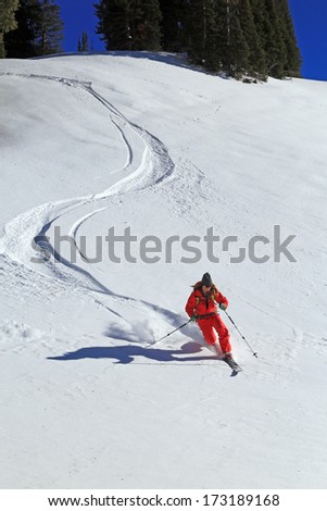 A woman making telemark ski turns down a slope in the Utah mountains, USA.