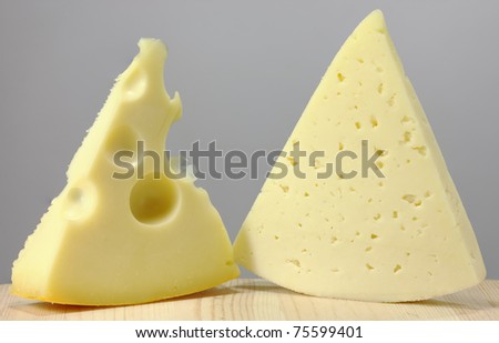 Two pieces of cheese on the kitchen table.