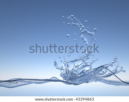 3D high quality rendered water splash, blue color tinted, on a blue gradient background