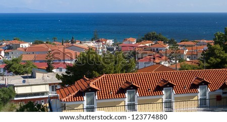 Red Roof hotels Greece. The resort village of Argassi. Ionian Sea.