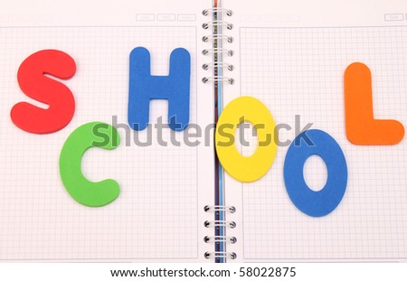 Plastic letters that spell out the words school on a book background.