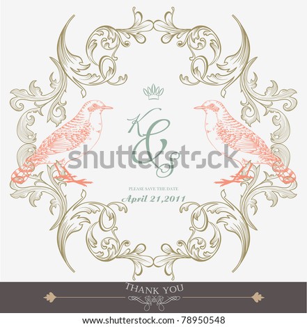 stock vector vintage wedding card with pair of birds
