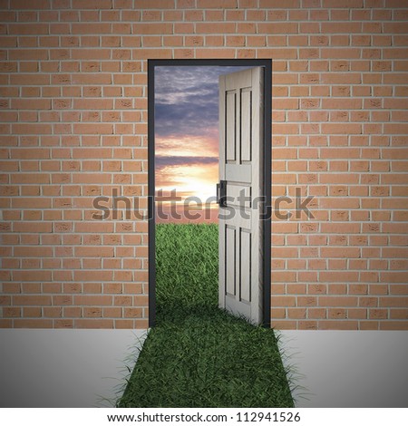 Open door to new life from brick wall. Hope, success, new life and world concepts.