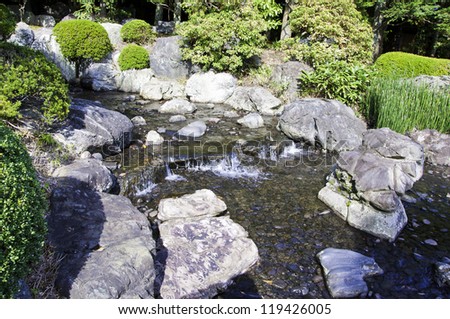 garden with pond in asian style, kyoto, japan