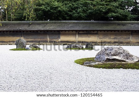 Zen Rock Garden in Ryoanji Temple.In a garden fifteen stones on white gravel. Kyoto.Japan.