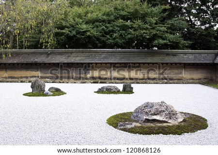 A Zen Rock Garden in Ryoanji Temple.In a garden fifteen stones on white gravel. Kyoto.Japan.