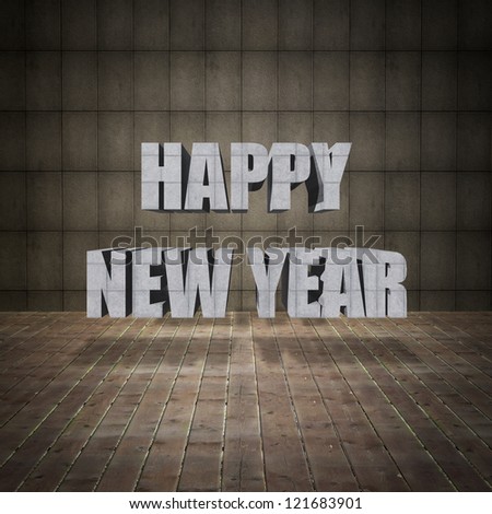 Happy New Year lettering with grunge concrete wall and old wood floor.