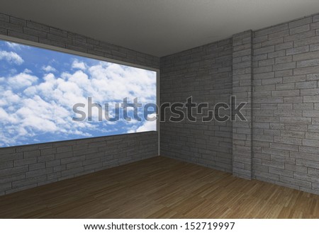 Empty room with brick wall and wood floor, sky background