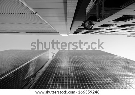 Worm eye view of modern building glass block wall (Black and White)