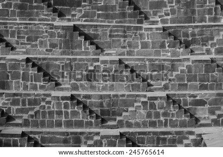 Steps at Chand Baori Stepwell in the village of Abhaneri, Rajasthan, India. (Black and White)