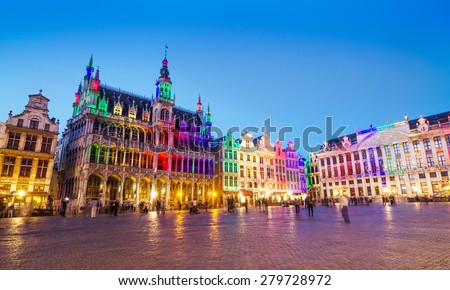 Grand Place in Brussels with colorful lighting, Belgium
