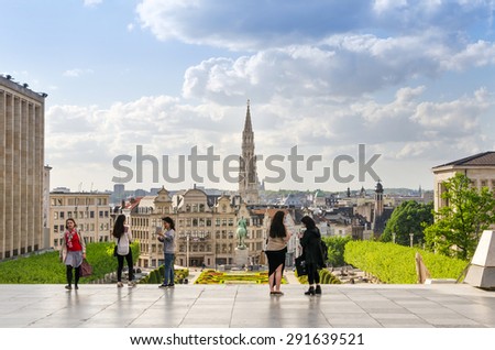 Brussels, Belgium - May 12, 2015: Tourist visit Kunstberg or Mont des Arts (Mount of the arts) gardens in Brussels, Belgium. The Mont des Arts offers one of Brussels\' finest views.