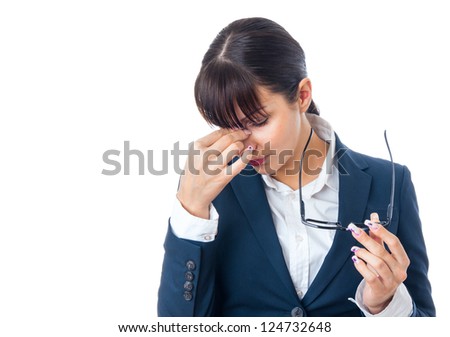 Tired business woman holding her hand on nose, headache. Isolated on white