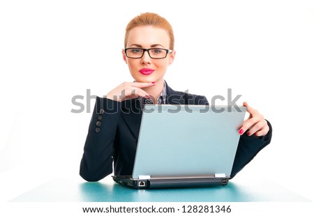 Happy business woman with laptop on workspace, isolated on white