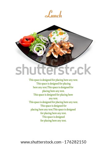 Decorative healthy food, chicken meat with side dish on plate, isolated on white background with copyspace for text