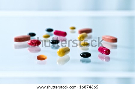 Diverse tablets and capsule,close up
