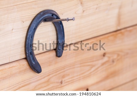 A horseshoe hangs on a nail in a wood wall