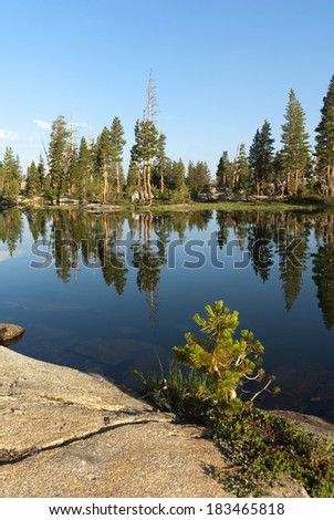 Summer mountain lake reflection with granite, trees, Emigrant Wilderness, Stanislaus National Forest, California