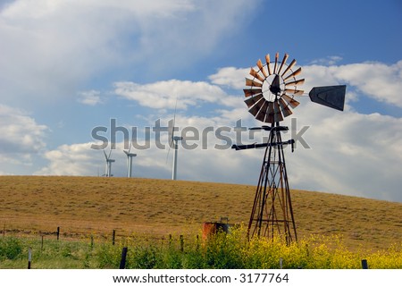 Old Ranch Windmill Contrasted Against New Electrical Power Generating Windmills, Digital Velvia, Rio Vista, California
