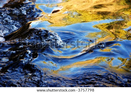 Contrasty Reflection of Autumn Trees and Blue Sky Splashing in Running Mountain Stream Water