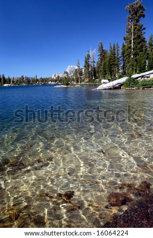 Sierra Nevada trees and granite domel over transparent clear water (Wire Lake, twelve mile backpack into Emigrant Wilderness)