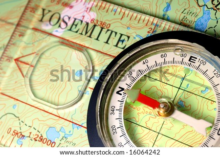 Transparent Navigational Compass on Topographical Map of Yosemite National Park, Needle Pointing Dead North