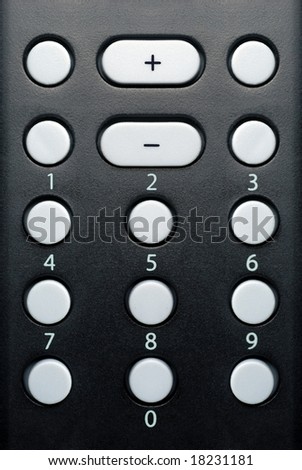 Generic keypad, electronic remote control, buttons 0 through 9, plus and minus keys