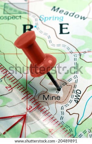 Red Push Pin on Topographical Map Indicating Location of Mining Claim