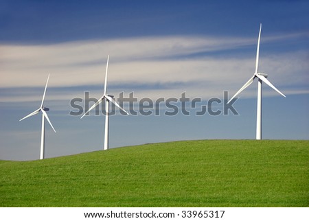 Stark White Electrical Power Generating Windmills, Turbines on Rolling Hills of Green Wheat, Rio Vista, California