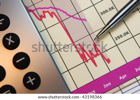 Financial chart, market\'s falling, calculator, pen, focus on chart at pen tip.