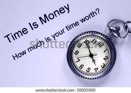 Pocket watch and time is money text, concept analogy for personal and business efficiency.