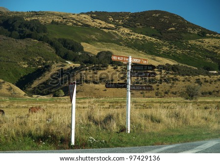 Paradise road and distance marker on the pole, New Zealand