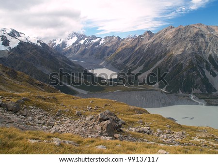 Mount Cook range with Mueller and Hooker lake, New Zealand
