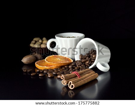 coffee composition with retro cups roasted beans and fruits