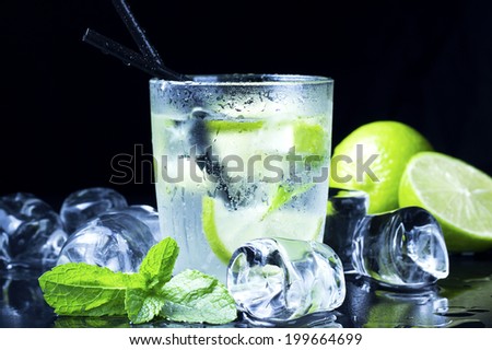 cool Mojito cocktail with fresh limes, mint and ice