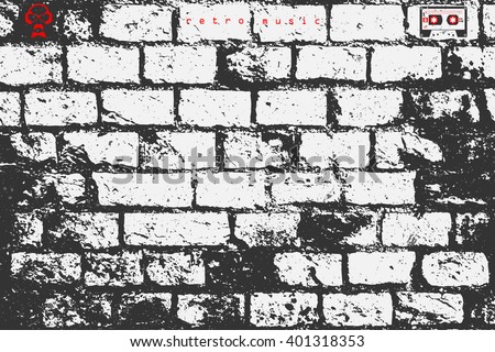 abstract, brick wall surface. vector, street art paper texture. grungy blocks, industrial background design. rough wallpaper with old, distressed bricks pattern, cassette and dj icon