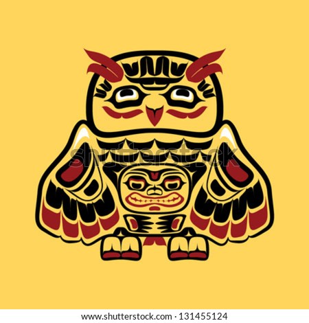 Vector illustration of an owl, stylization of Native North American art.  Single component of a totem in black, white, red, and yellow colors, drawn with thick black line. - stock vector